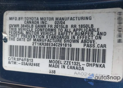 2004 Toyota Matrix Xr from USA, damaged, VIN 2T1KR38E34C291816